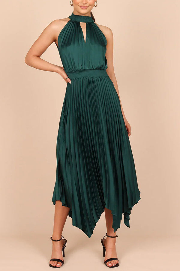 LD | Luxe Look Satijn Geplooide Halter Elastische Taille Midi Dress