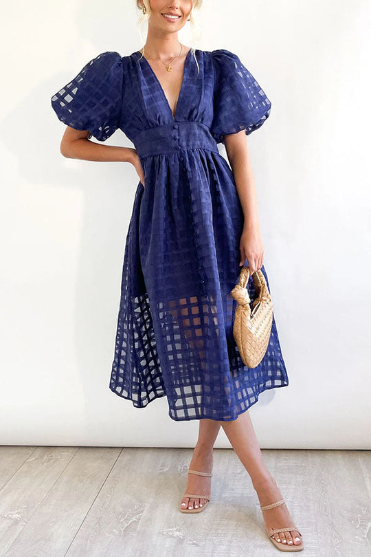LD | Opmerkelijke Schoonheid Vierkante Gedessineerde Stof Puff Mouwen Party Midi Dress