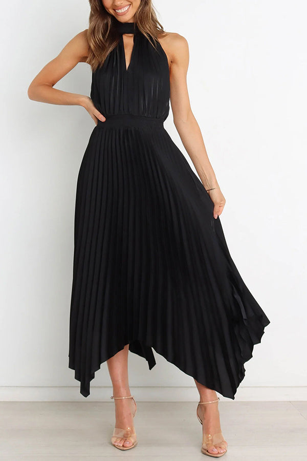 LD | Luxe Look Satijn Geplooide Halter Elastische Taille Midi Dress