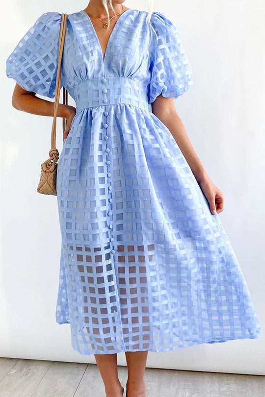 LD | Opmerkelijke Schoonheid Vierkante Gedessineerde Stof Puff Mouwen Party Midi Dress