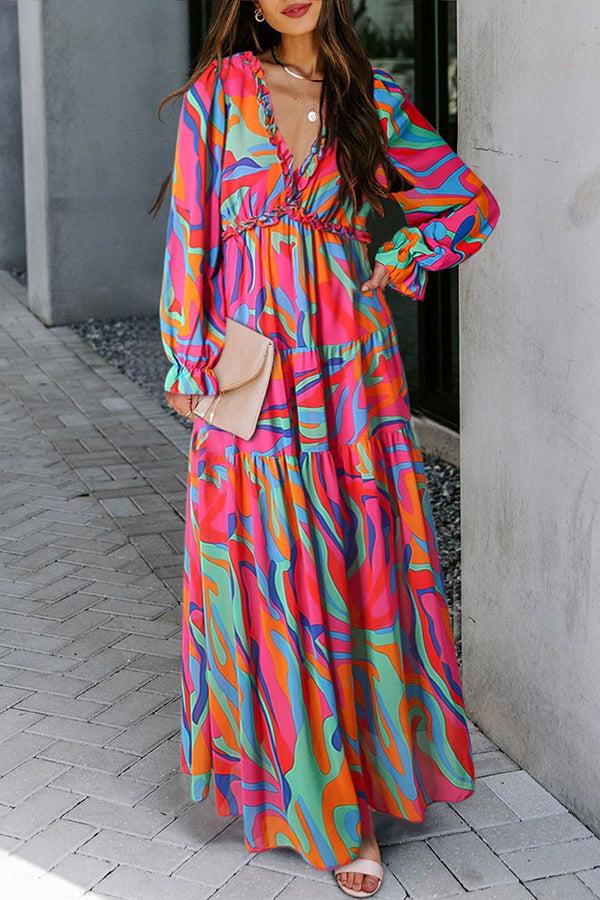 LD | Multicolour bloemenprint ruches laag uitgesneden maxi jurk