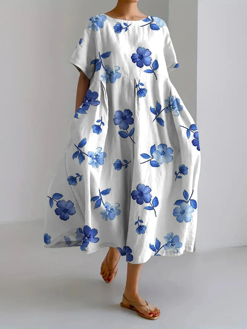LD | Losvallende damesjurk met botanische retro bloemenprint