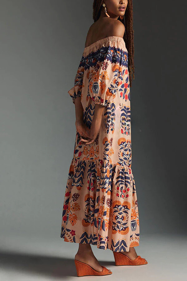 LD Island Lover Gedrukte off-the-shoulder, vloeiende midi-jurk