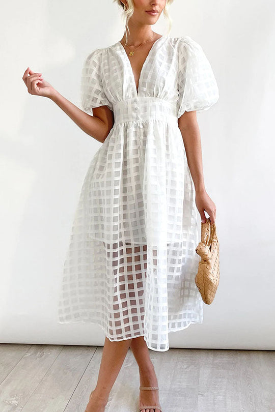 LD | Opmerkelijke Schoonheid Vierkante Gedessineerde Stof Puff Mouwen Party Midi Dress
