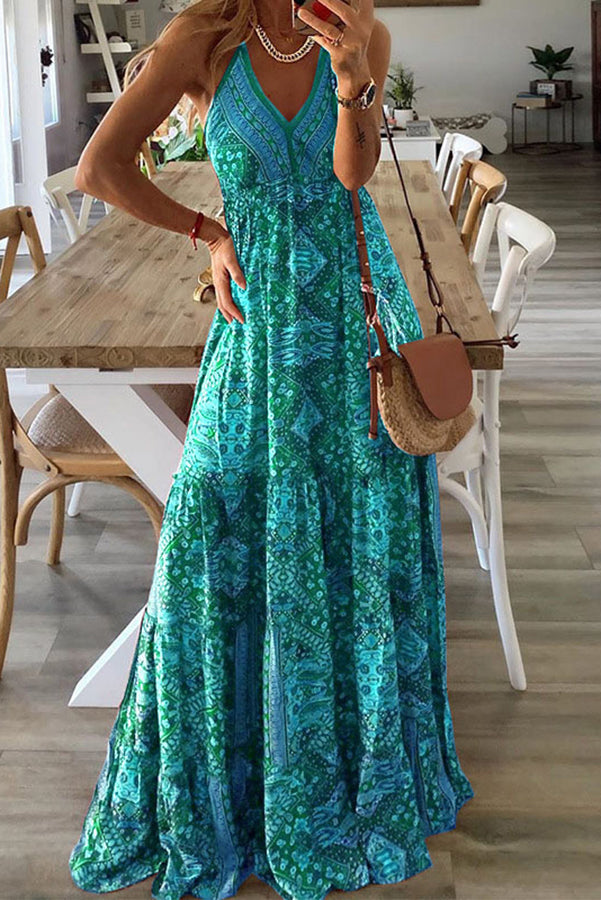 LD Celeste Boho geprinte maxi jurken met elastiek in de taille