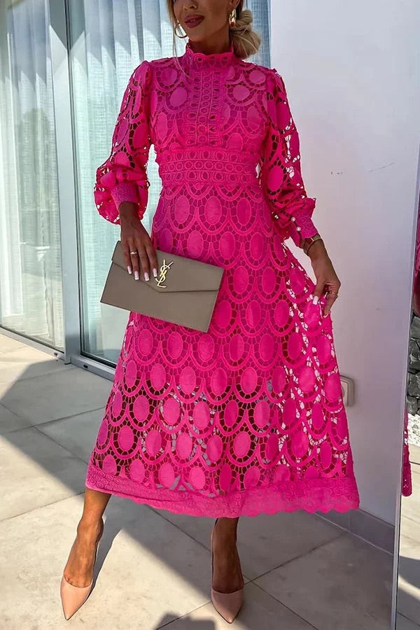 LD sensuele en elegante midi-jurk met gehaakte kanten lantaarnmouwen