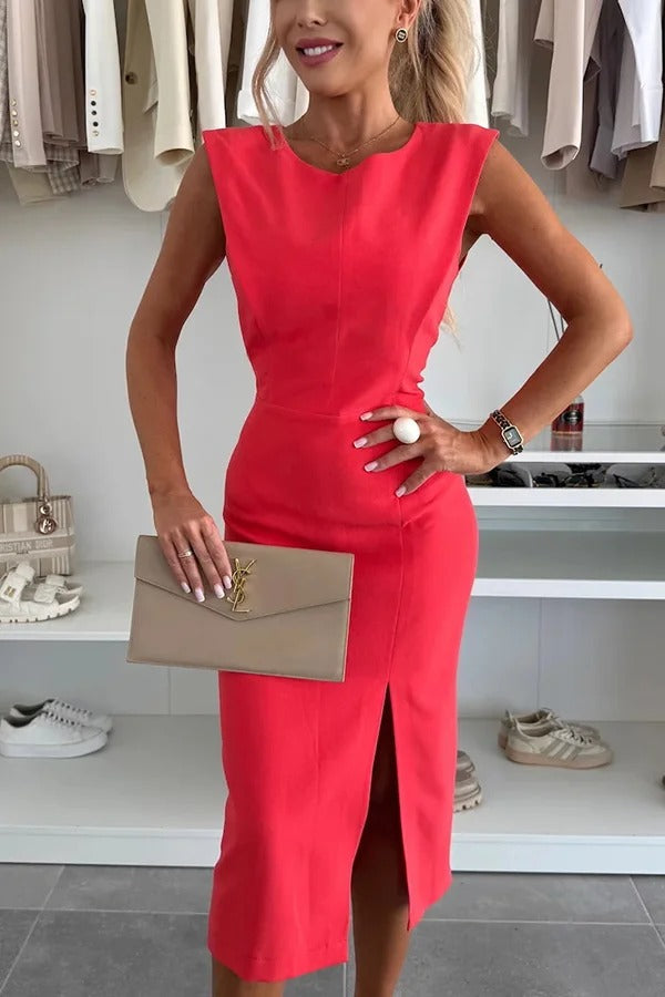 LD | Effen kleur Ronde hals Mouwloos Slim-fit midi-jurk met split