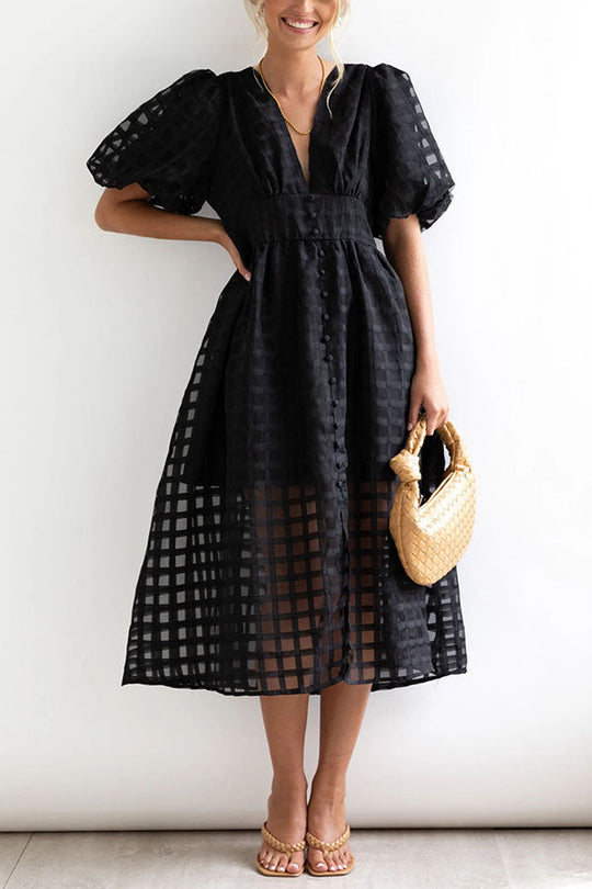 LD | Opmerkelijke Schoonheid Vierkante Gedessineerde Stof Puff Mouwen Party Midi Dress