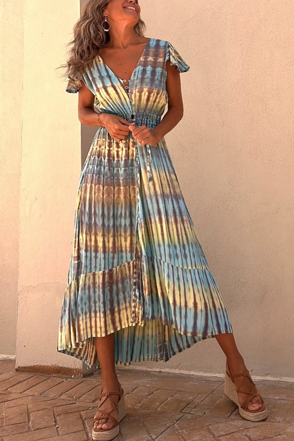 LD Lorina Tie-dye Print Button Smocked Waist Backless Midi Dress