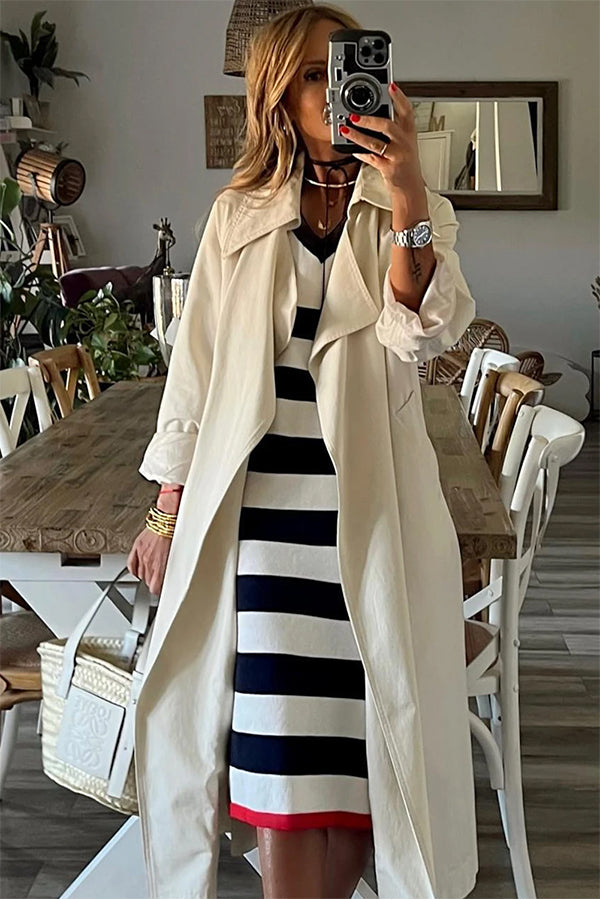 LD | Stripes Elegante midi-jurk met V-hals en lange mouwen