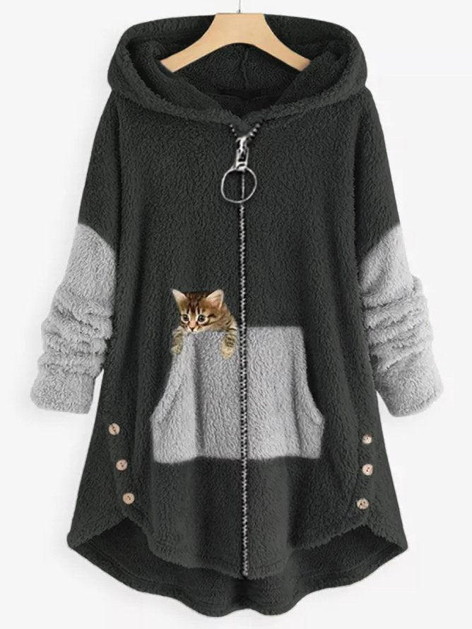 LD | Knus fleecevest met capuchon en schattige kattenprint
