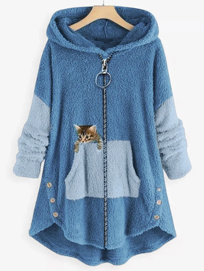 LD | Knus fleecevest met capuchon en schattige kattenprint