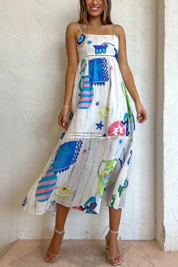 LD | She's The Fun Linnenmix speelse print Ladder Trim Midi Dress