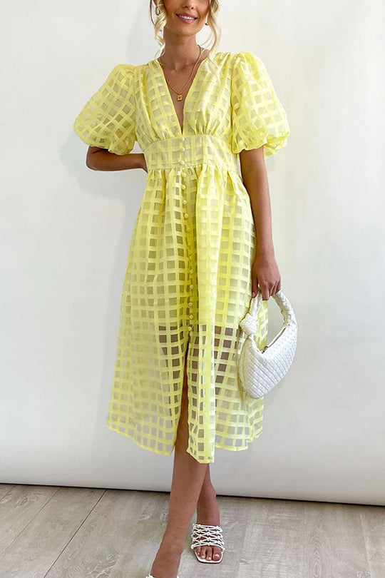 LD | Opmerkelijke Schoonheid Vierkante Gedessineerde Stof Puff Mouwen Party Midi Dress