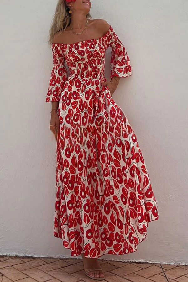 LD | Close To The Vacation Bloemenprint Gesmockte Off Shoulder Pocketed Maxi Dress