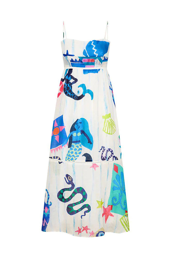 LD | She's The Fun Linnenmix speelse print Ladder Trim Midi Dress
