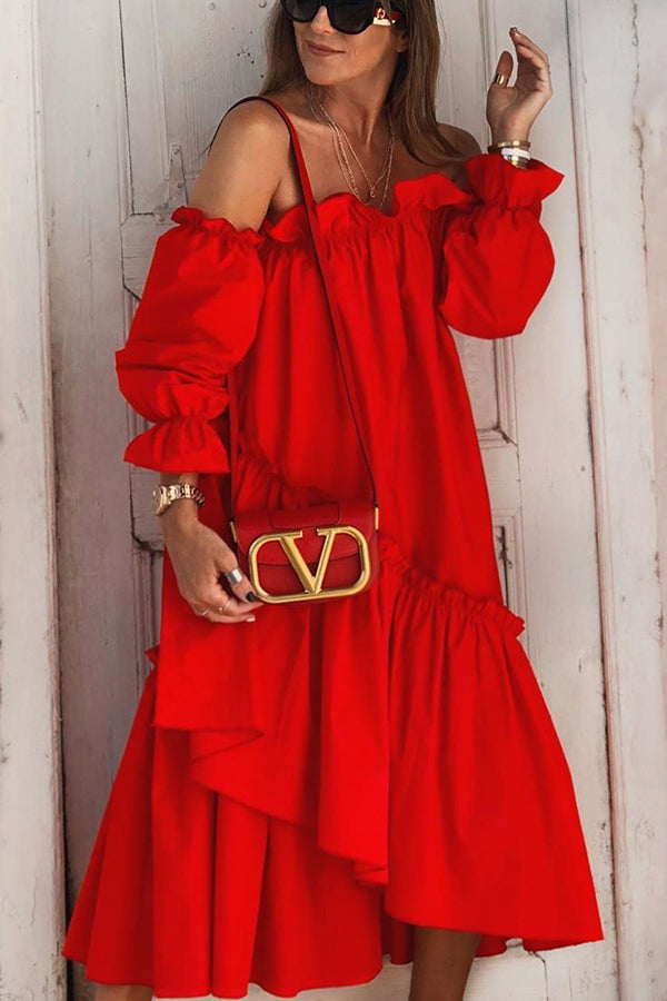 LD Fionna Off Shoulder Ruffle Irregular Trim Loose Midi Dress