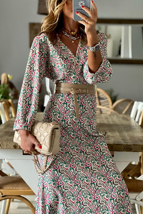 LD | V-hals multi print midi jurk
