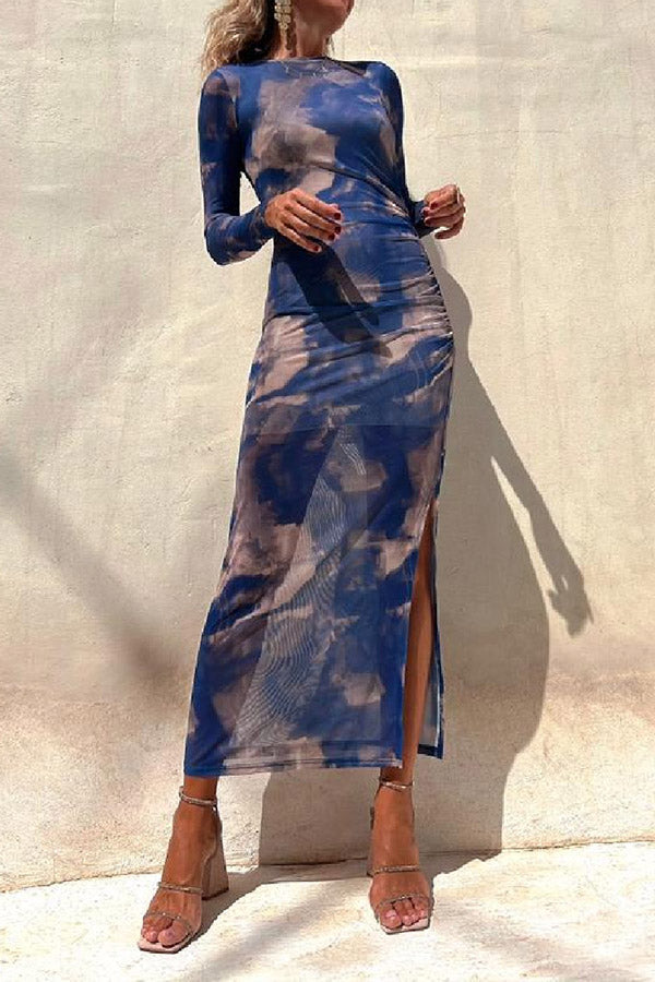 LD | Charm Lady Mesh Overlay Tie Dye Print Lange Mouwen Gerimpelde Stretch Midi Dress