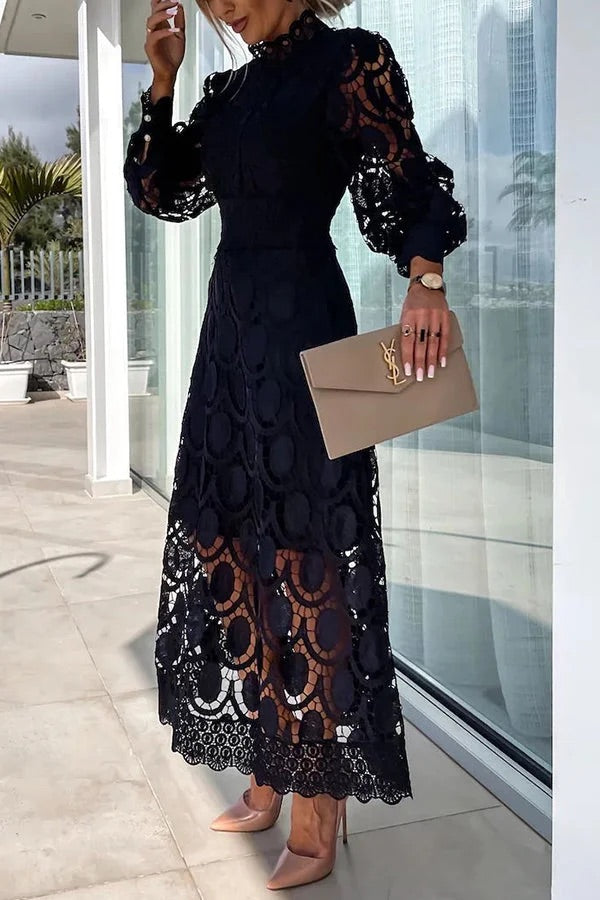 LD sensuele en elegante midi-jurk met gehaakte kanten lantaarnmouwen