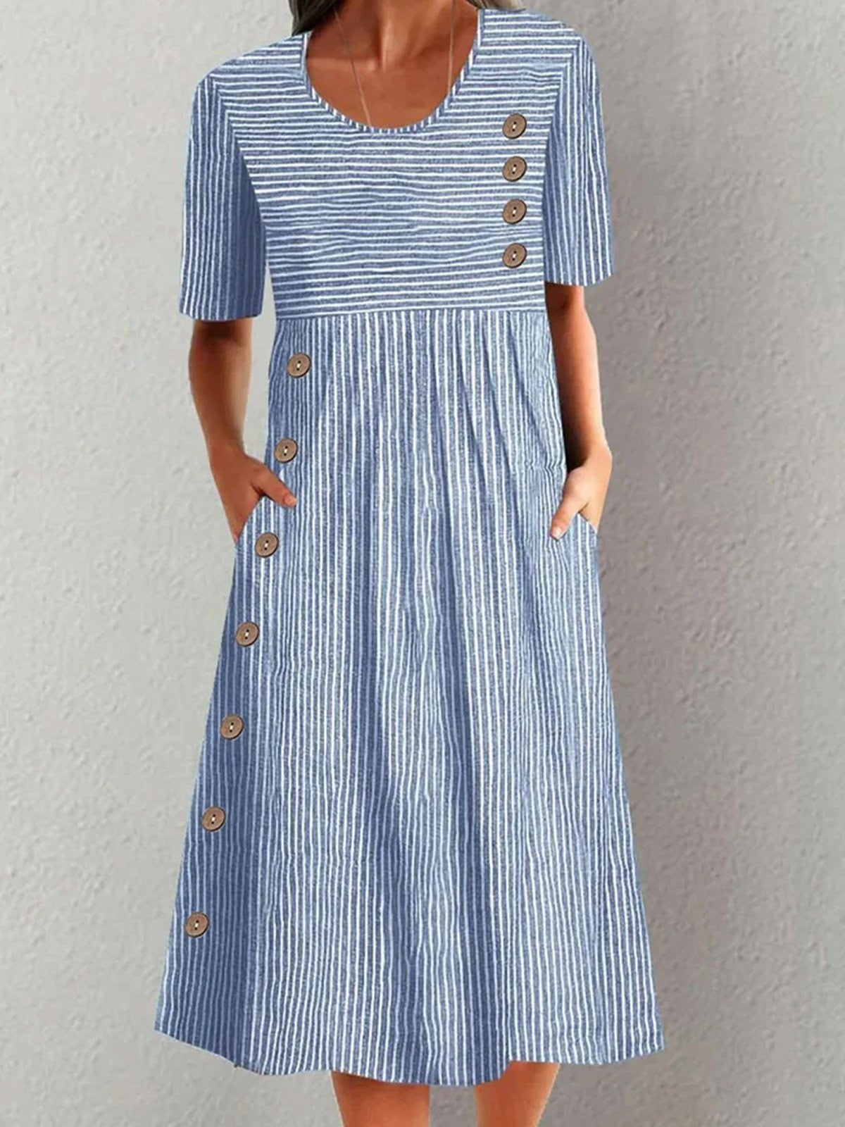 LD | midi-jurk voor dames - Relaxed fit - Gestreept patroon - Ronde hals - Korte mouwen - Natuurlijke vezels