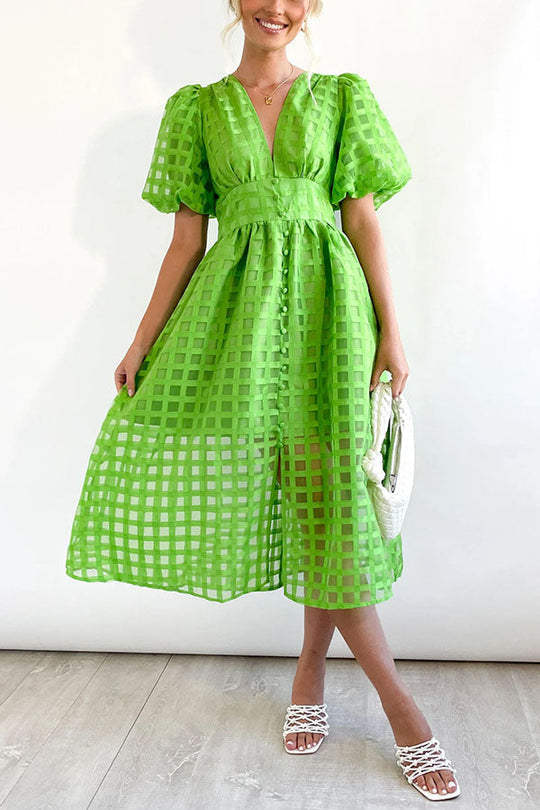 LD | Opmerkelijke Schoonheid Vierkante Gedessineerde Stof Puff Mouwen Party Midi Dress