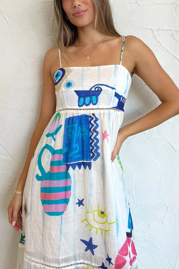 LD | She's The Fun Linnenmix speelse print Ladder Trim Midi Dress