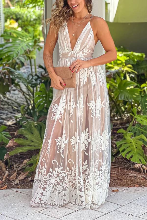 LD | Wit en Beige Kruis Rug Bloemen Tule Maxi Dress