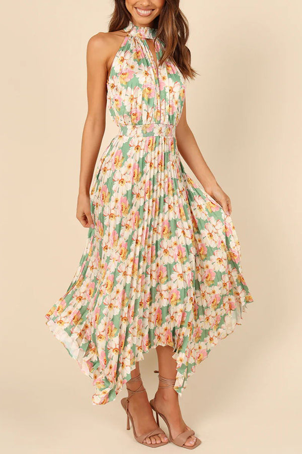 LD | Luxe Look Satijn Geplooide Halter Elastische Taille Midi Dress