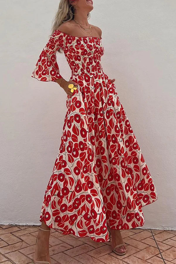 LD | Close To The Vacation Bloemenprint Gesmockte Off Shoulder Pocketed Maxi Dress