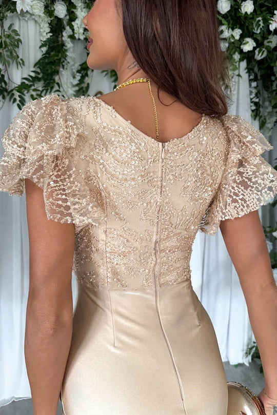 LD | Dromerige luxe kanten en satijnen patchwork midi-jurk met ruches aan de mouwen
