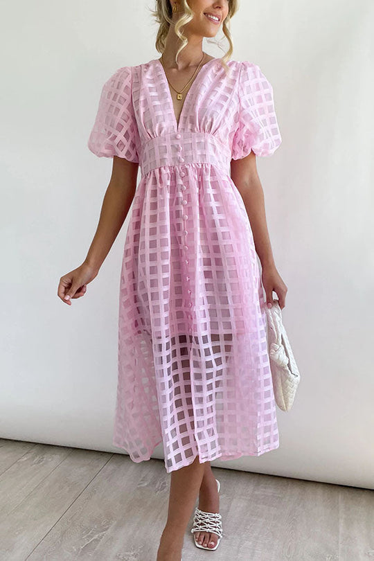 LD | Opmerkelijke Schoonheid Vierkante Gedessineerde Stof Puff Mouwen Party Midi Dress