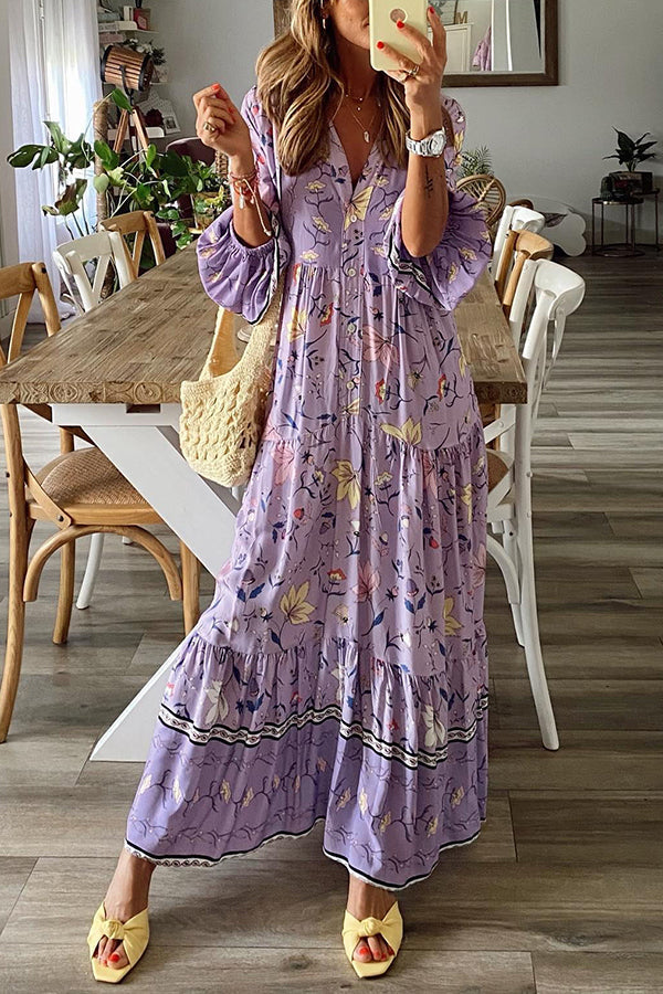 LD | Lavendel Smaak Gedrukte Lange Mouw Knoop A-Lijn Maxi Dress