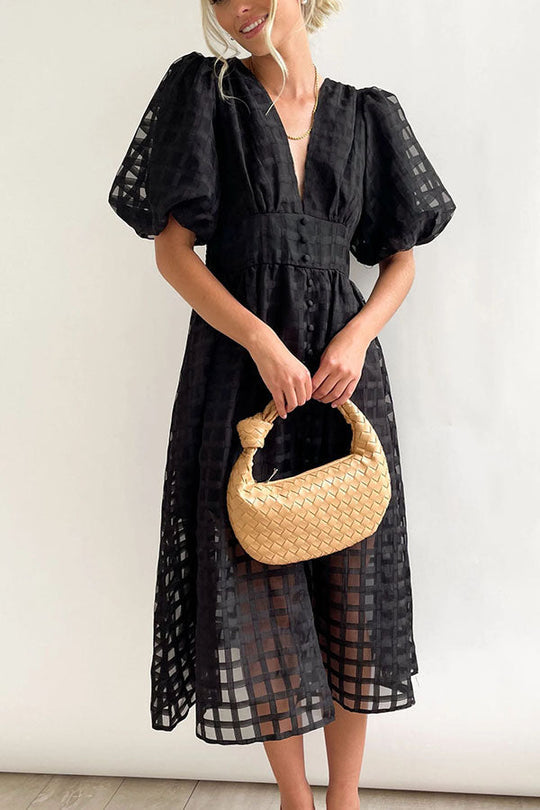 LD | Opmerkelijke Schoonheid Vierkante Gedessineerde Stof Puff Mouwen Party Midi Dress