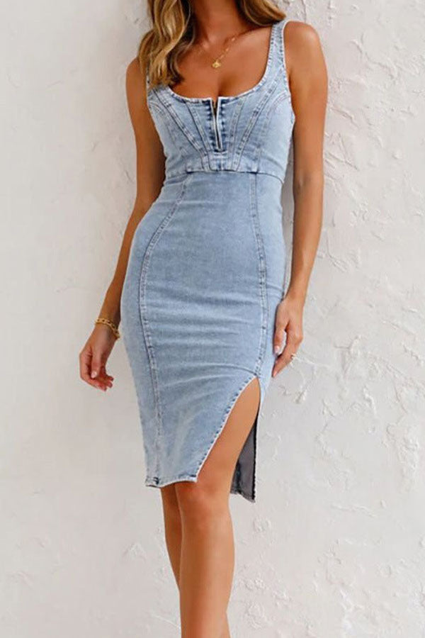 LD | Dit seizoen Staple Denim Verstelbare Bandjes Zip-up Stevige Stretch Midi Dress