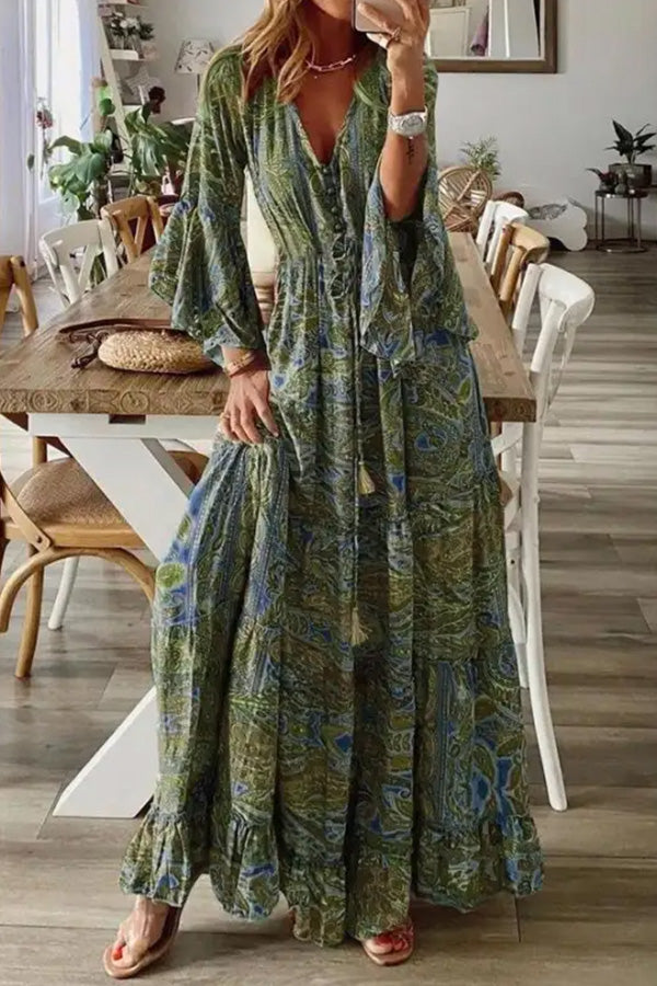 LD | V-hals Losse Peris Print Vakantie Lange Mouw Maxi Dress