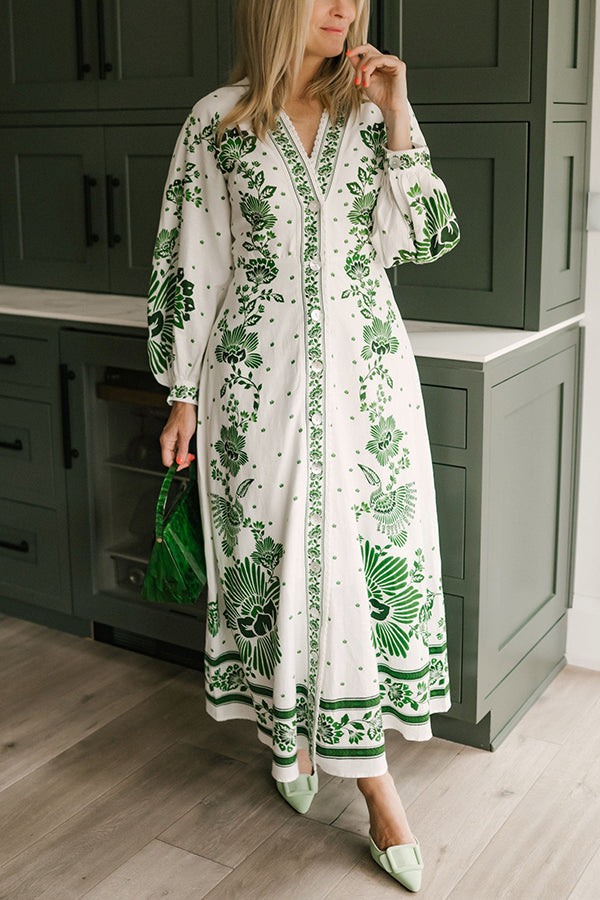LD | Unieke Print Button Down Lange Mouw Shirt Maxi Dress