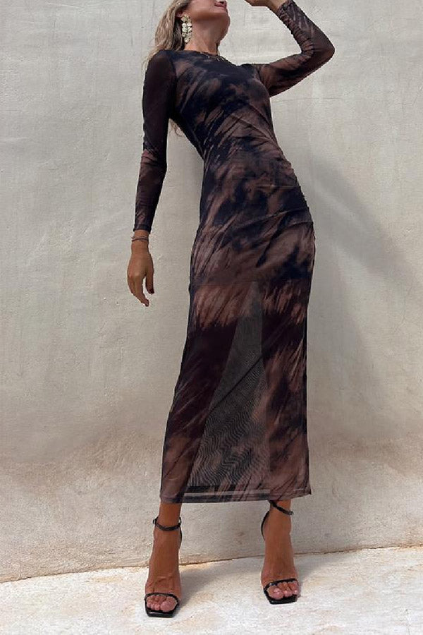 LD | Charm Lady Mesh Overlay Tie Dye Print Lange Mouwen Gerimpelde Stretch Midi Dress