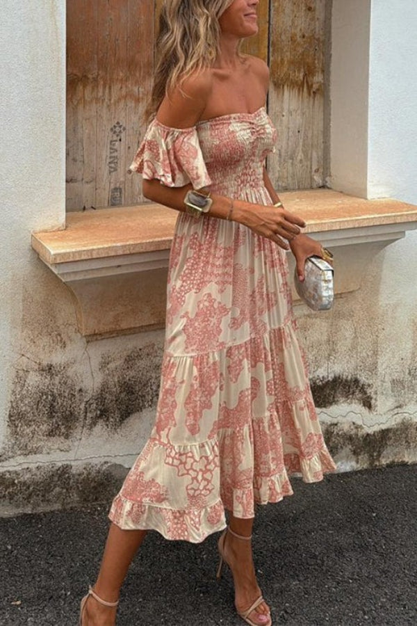 LD Pitaya Unieke print Off Shoulder Smocked Ruffle Mouwen Gelaagde Midi Dress