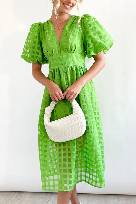LD | Opmerkelijke Schoonheid Vierkante Gedessineerde Stof Puff Mouwen Party Midi Dress