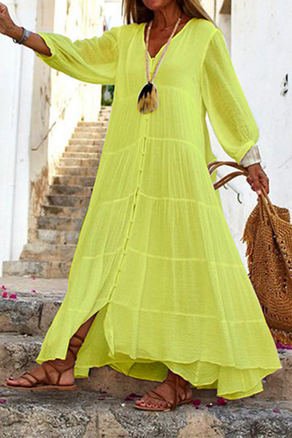 LD | Seraphina katoen-linnen mix, gestreepte maxi jurk met knoopsluiting