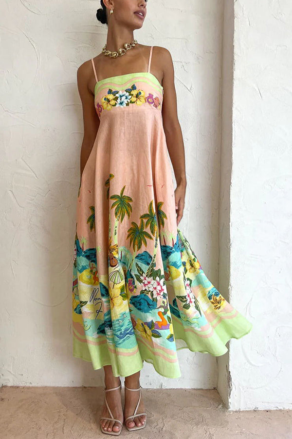 LD | Coconut Scenery Linnenmix Tropische Print Midi Dress met gesmokte rug