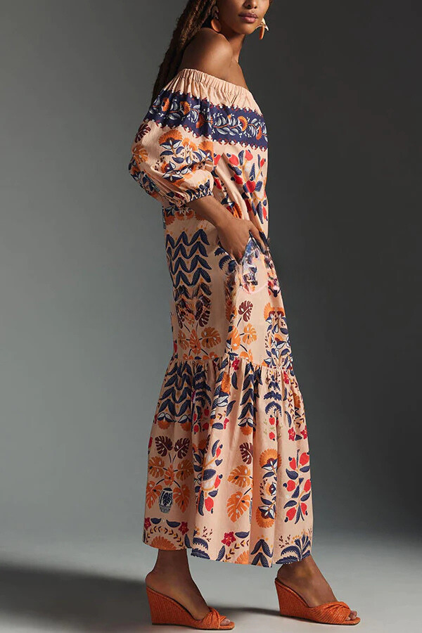 LD Island Lover Gedrukte off-the-shoulder, vloeiende midi-jurk