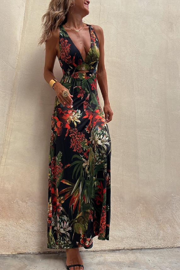 LD | RAINFOREST PARADISE TROPISCHE PRINT RUG CROSSOVER STRETCH MAXI JURK