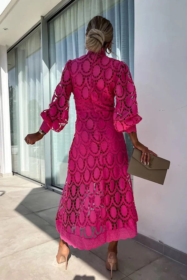 LD sensuele en elegante midi-jurk met gehaakte kanten lantaarnmouwen