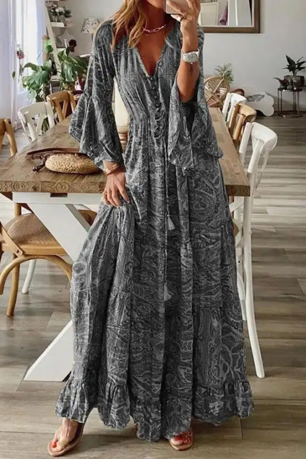 LD | V-hals Losse Peris Print Vakantie Lange Mouw Maxi Dress