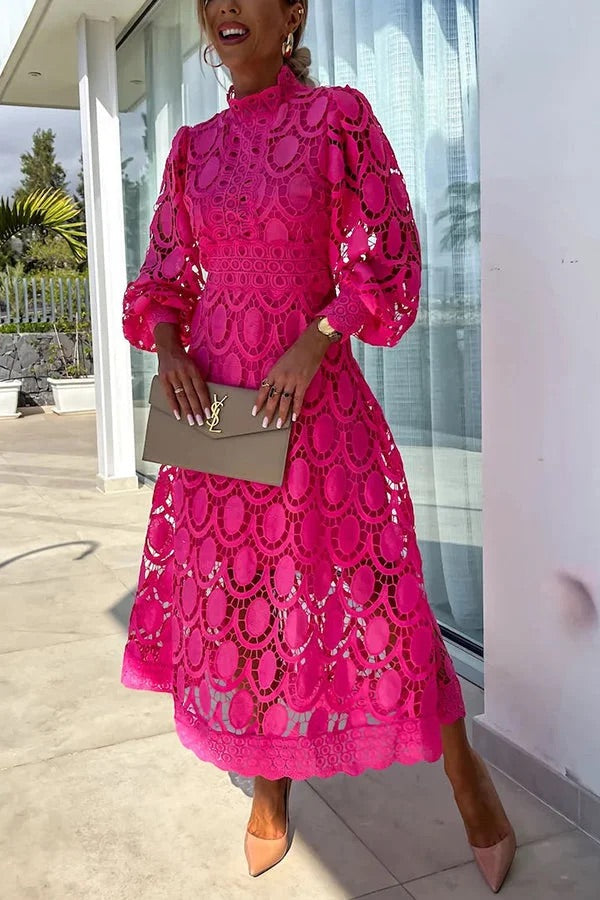 LD sensuele en elegante midi-jurk met gehaakte kanten lantaarnmouwen