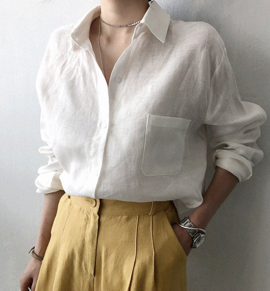 LD dames katoenen overhemd lente los effen overhemd kraag casual blouse
