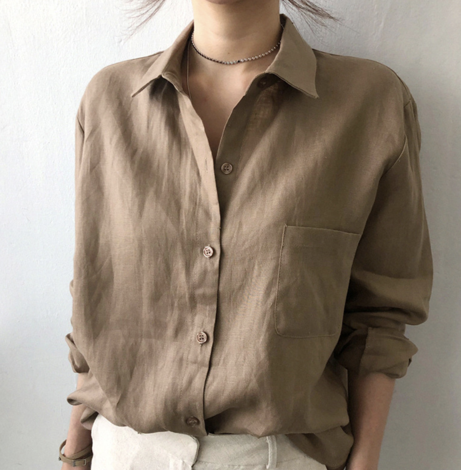 LD dames katoenen overhemd lente los effen overhemd kraag casual blouse