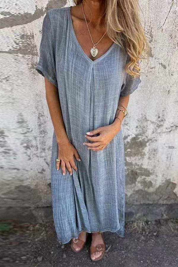 LD | V-hals loose fit katoenen linnen midi-jurk